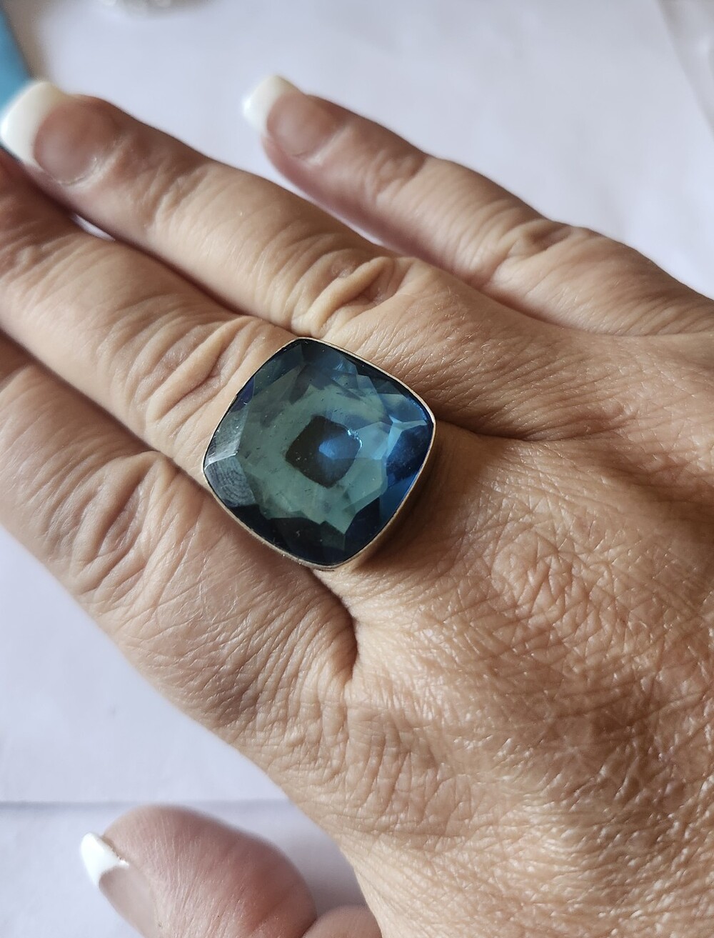 Sterling Silver 925 Blue Cushion-Cut Statement Ring Size 8.75